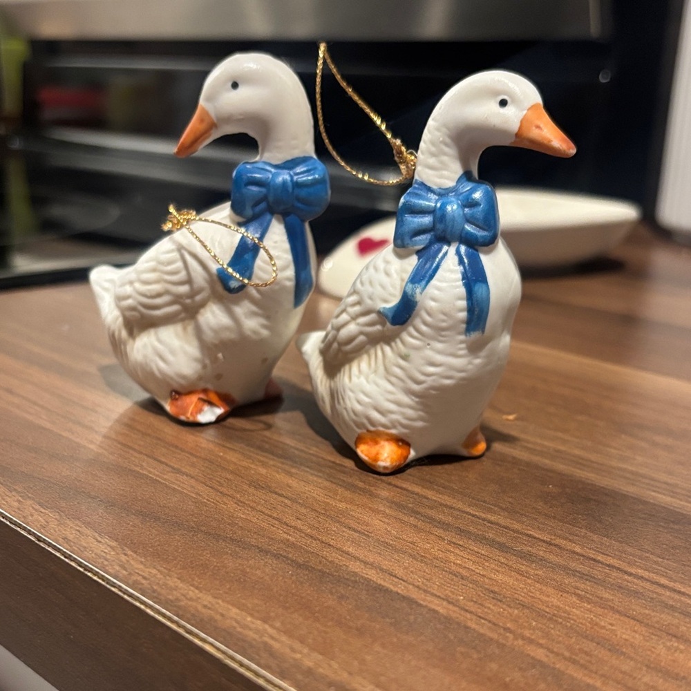 White Ceramic Goose Ornaments with Blue Bows (Set of 2)
